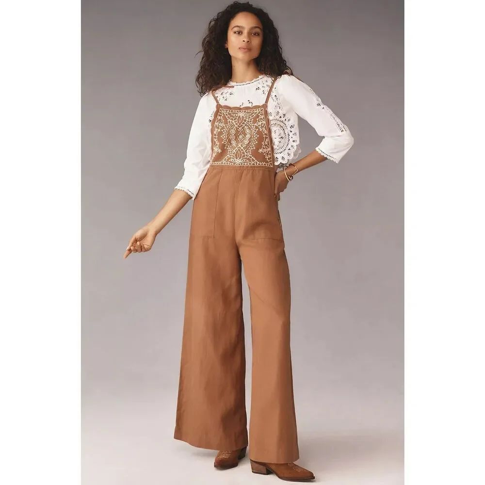 Anthropologie Embroidered Linen Overalls